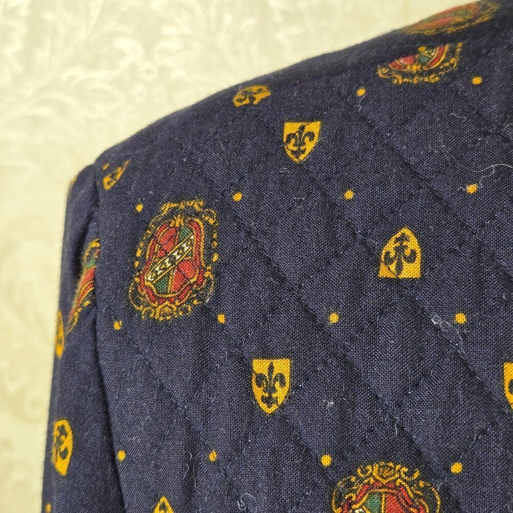 Maggy London Size 12 Navy Blue Quilted Jacket Button Front Crest Fleur De Lis — image 4 of 8